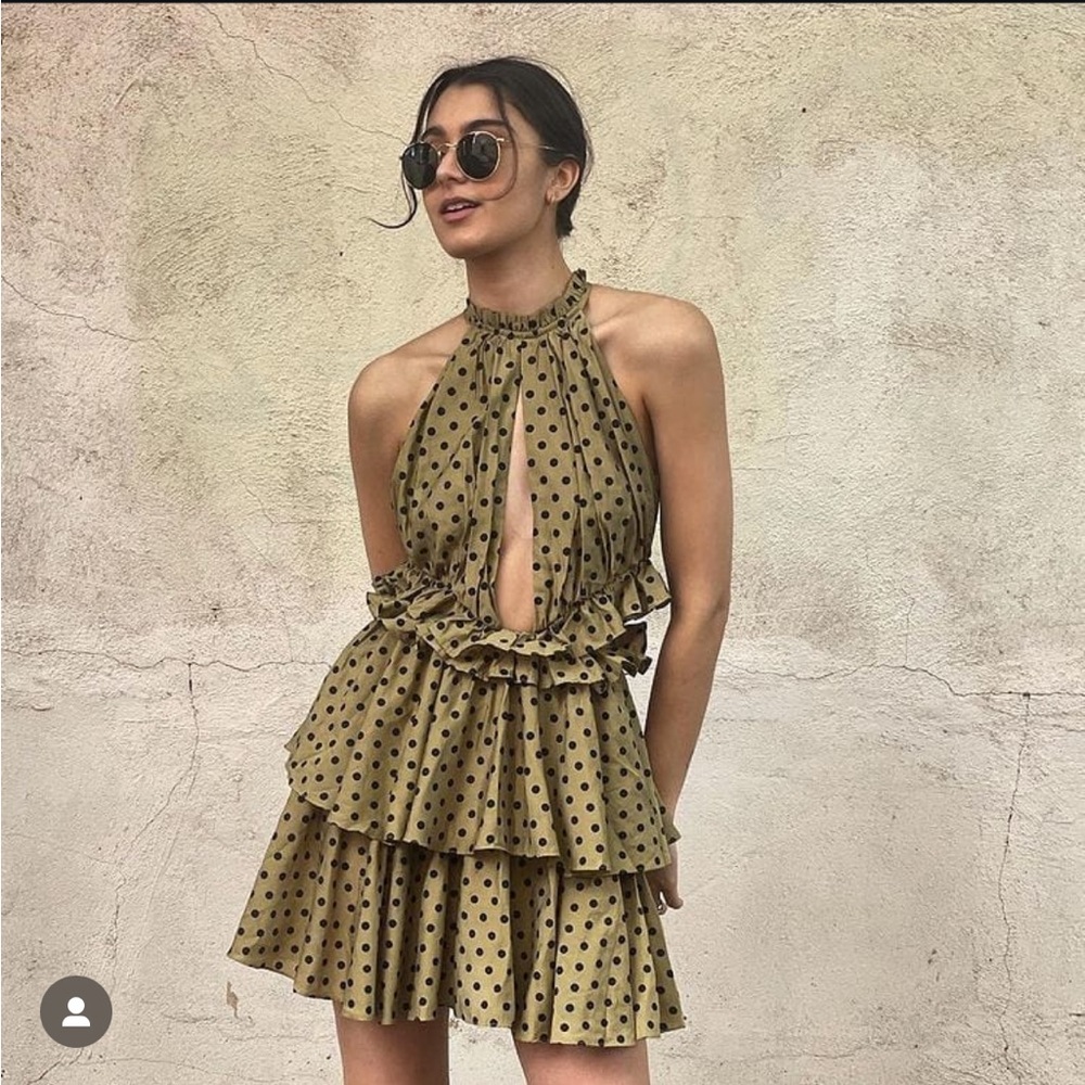 NWOT Mon Renn olive polka dot Roselyn ruffle mini dress